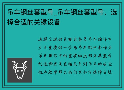 吊车钢丝套型号_吊车钢丝套型号，选择合适的关键设备