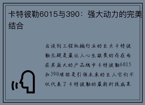 卡特彼勒6015与390：强大动力的完美结合